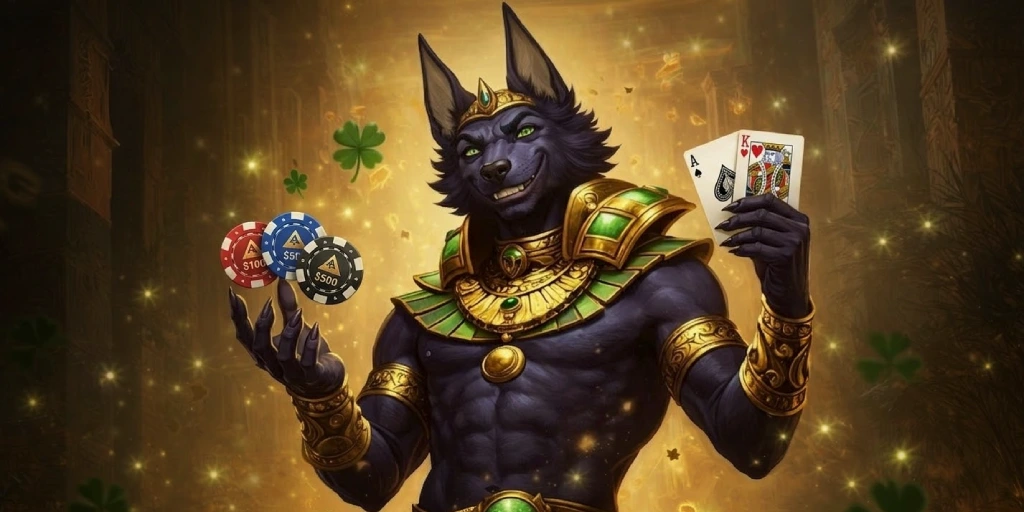 Anubis-style Egyptian god holding casino chips and playing cards in a golden temple.