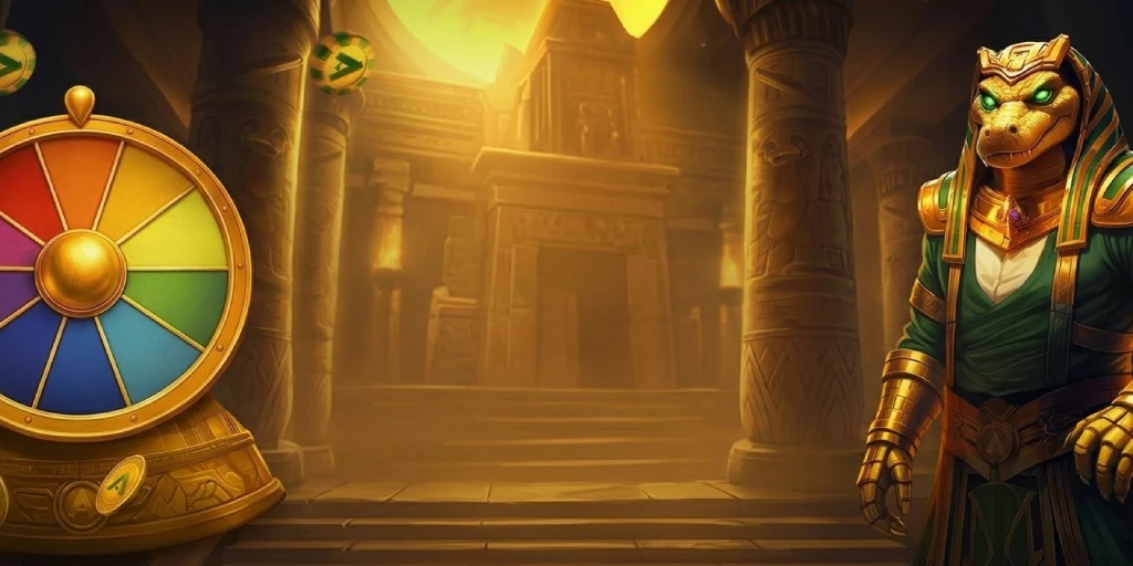 Egyptian casino banner with lucky wheel and Sobek character.